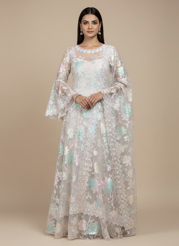 White chiffon Frill Detal Long Maxi