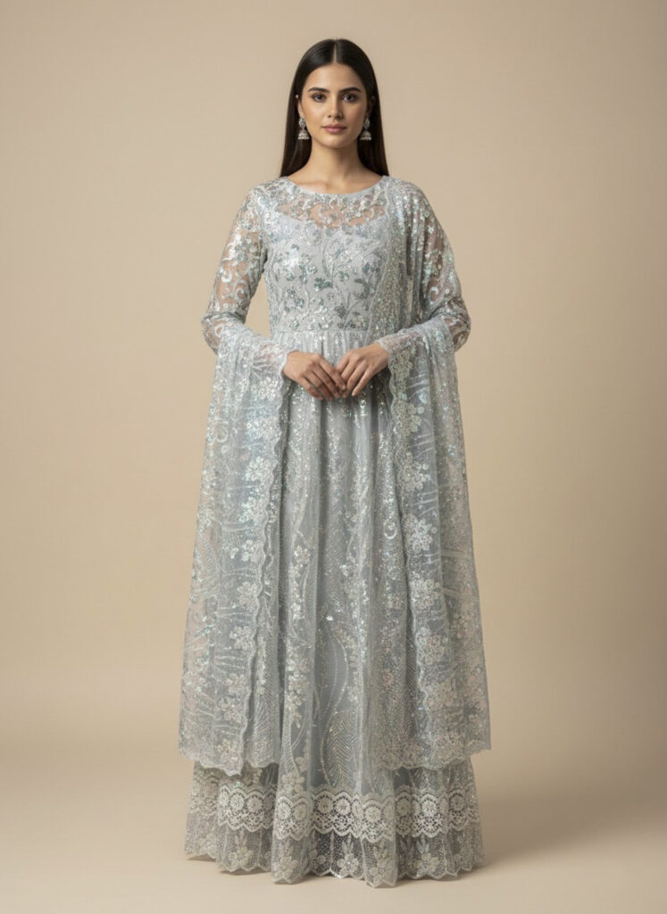 Royal Grey Chiffon Frill Detal Long Maxi